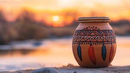 Native American ancient jar with dreamcatcher designs, next to a river, sunset light