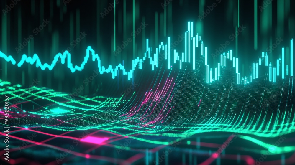 Poster abstract digital waveforms in neon colors illustrating data visualization and modern technology.