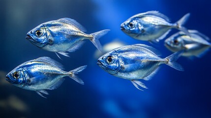 Fototapeta premium A group of five silver fish swim together in a blue tank.