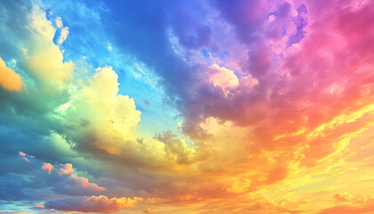 Obraz premium A dreamy sky transitioning from a golden sunset to a full spectrum of rainbow colors, giving off a vibrant yet calming feel