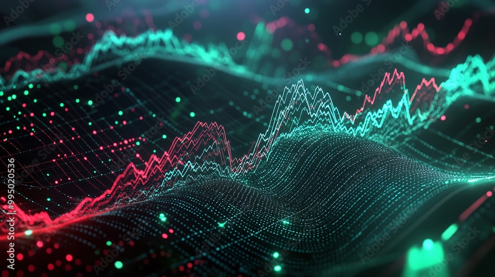 Poster abstract digital waves representing data flow in vibrant colors with dynamic patterns.