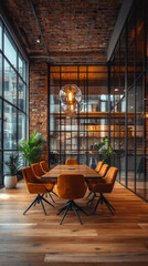 Fototapeta premium Modern conference room with large windows and exposed brick walls.