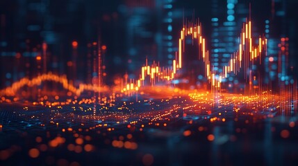 Fototapeta premium Abstract financial chart with glowing orange and blue lines representing data trends on a dark background.
