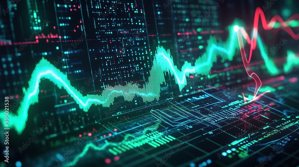 Poster abstract financial data visualization with colorful graphs and charts on digital screens.