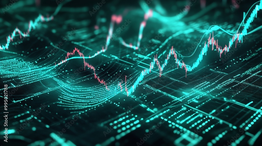 Poster abstract financial data visualization with dynamic graph and wave patterns, showcasing market trends