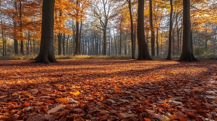 Autumn forest with orange leaves and towering trees under soft sunlight.