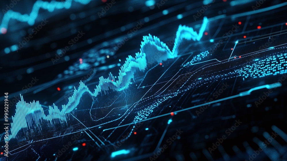 Poster abstract financial data visualization with glowing graphs and digital interfaces on a dark backgroun