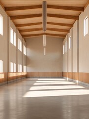 Obraz premium A spacious and modern livestock facility interior with natural light streaming in through windows, showcasing a clean and functional design. The high ceilings, wooden beams, and minimalist aesthetic c