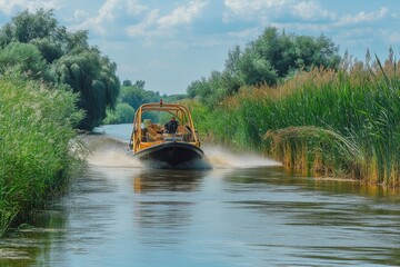  airboat speeding across the river, creating a wake and splashing water. 