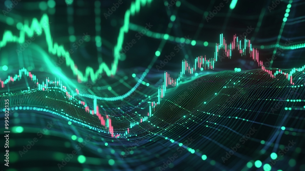 Poster abstract financial data visualization with moving line graphs and glowing elements representing mark