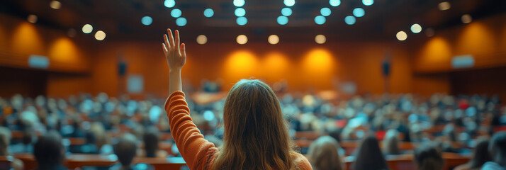 A woman raises her hand in a crowded auditorium.
