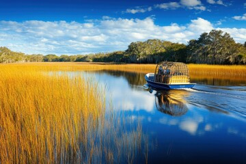 airboat gliding across a calm river, with tall grass and reeds swaying in the breeze