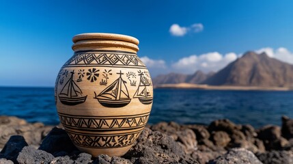 Phoenician ancient jar with maritime motifs, washed up on a rocky shore