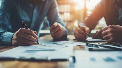 Two individuals collaborate on documents, focusing on written notes and data analysis, with a warm light illuminating the workspace.