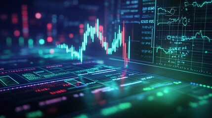 Abstract financial market data visualization with glowing graphs and charts for trading analysis.