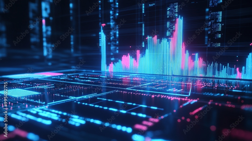 Poster abstract futuristic data visualization showing glowing graphs and charts on a digital screen.
