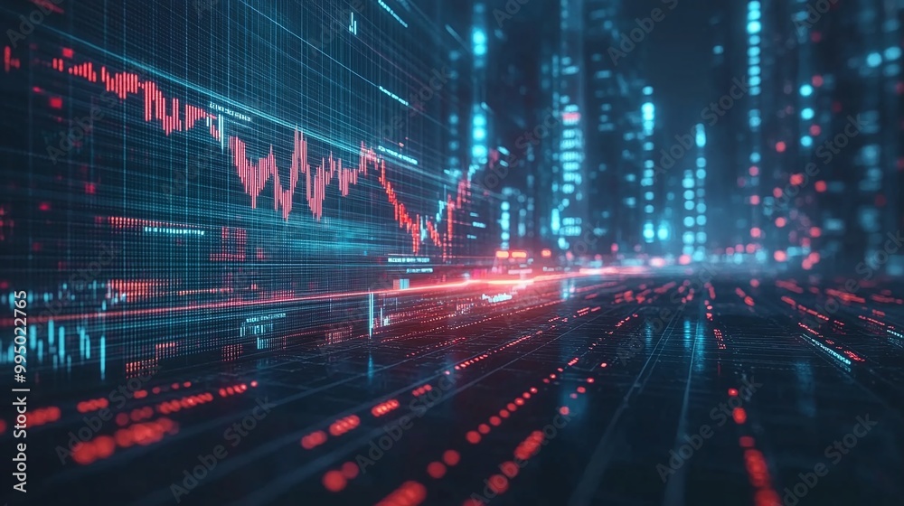 Poster abstract futuristic data visualizations with graphs and digital screens in blue and red tones, repre