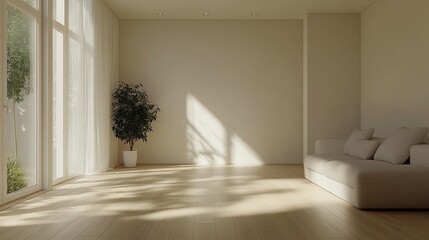 Fototapeta premium Bright, spacious living room with sunlight, plant, and soft couch, inviting ambiance.