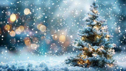 Naklejka premium Festive Christmas Background with Snow-Covered Fir Tree and Blurred Lights, Perfect for Winter Landscape, New Year Celebration, Snowy Nature Wallpaper, Christmas Card Template with Space for Text
