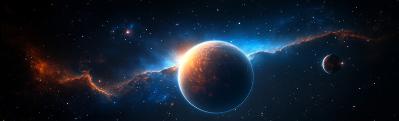 Naklejka premium A stunning cosmic scene featuring a bright nebula, a glowing planet, and a multitude of stars, symbolizing the beauty, mystery, and vastness of the universe.