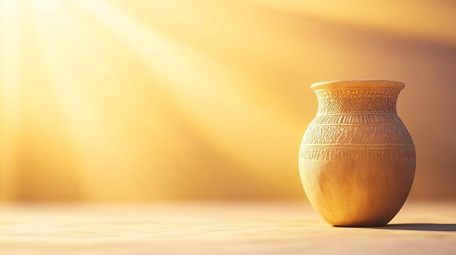 Sumerian ancient jar with temple ziggurat, bathed in golden dawn light