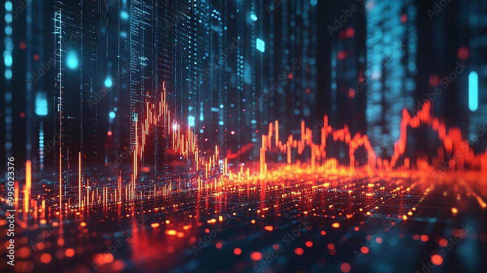 Poster abstract representation of data analysis with glowing lines and digital elements on a dark backgroun