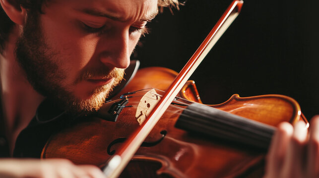 A musician is intensely playing the violin, showcasing emotion and mastery in his performance. The lighting highlights the instrument's details