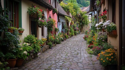 Fototapeta premium Charming cobblestone street lined with colorful flowers and quaint houses.