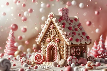 Whimsical 3D render of a gingerbread house decorated with candy and icing,  , created by ai