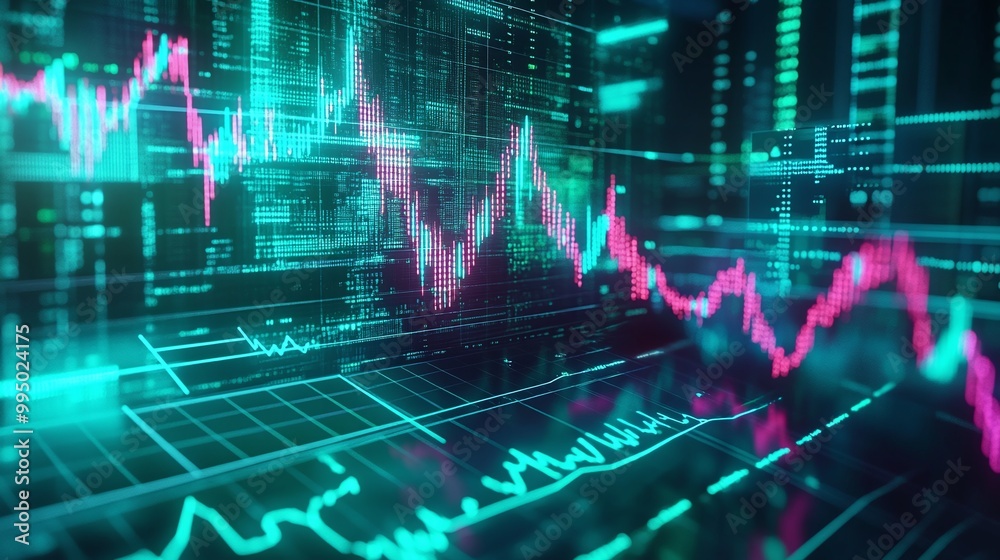 Poster abstract representation of financial data with dynamic graphs and glowing lines in a futuristic digi