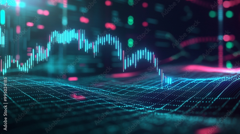 Poster abstract representation of financial data with glowing graphs and digital elements on a dark backgro