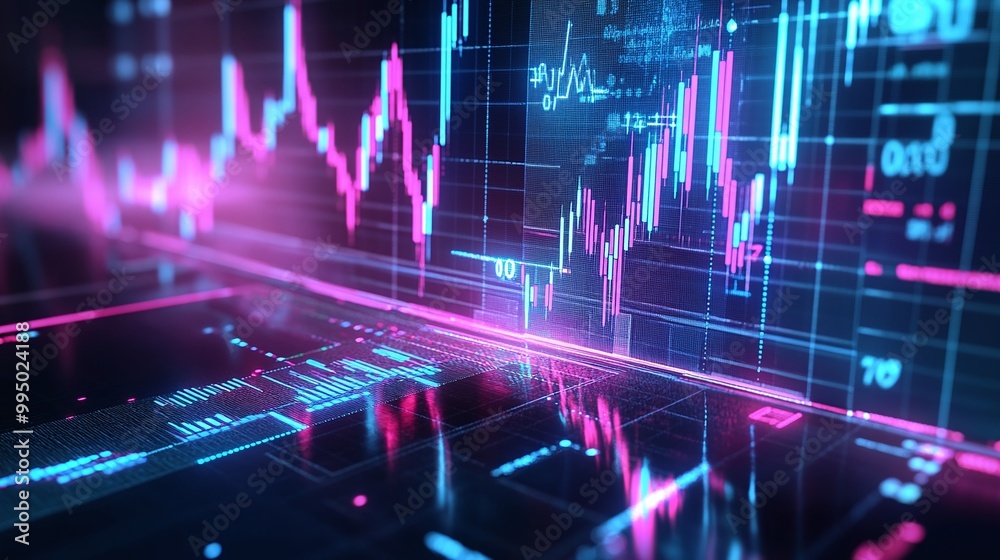 Poster abstract representation of financial data with colorful charts and graphs on a digital interface.