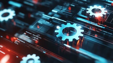 Fototapeta premium Digital dashboard with gears icon featuring reflective sheen, highlighting automation and workflow optimization