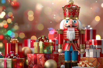 Merry 3D cartoon nutcracker soldier with a festive uniform, standing at attention beside a pile of presents, created by ai