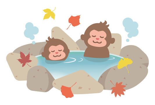 サルの親子と紅葉の温泉イラスト