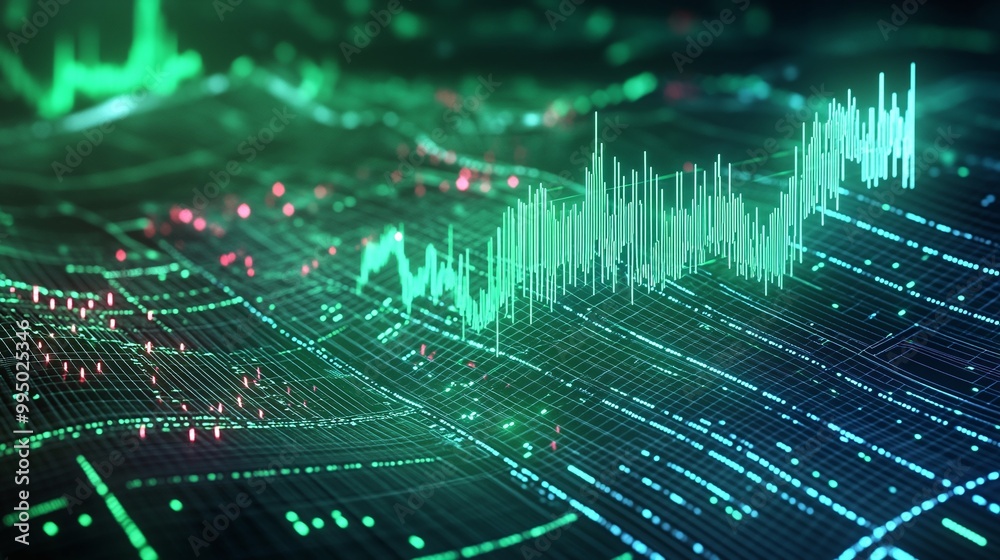 Poster abstract visualization of data trends with graph lines and digital elements on a dark background.