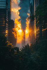 Naklejka premium A city skyline with a large building in the foreground