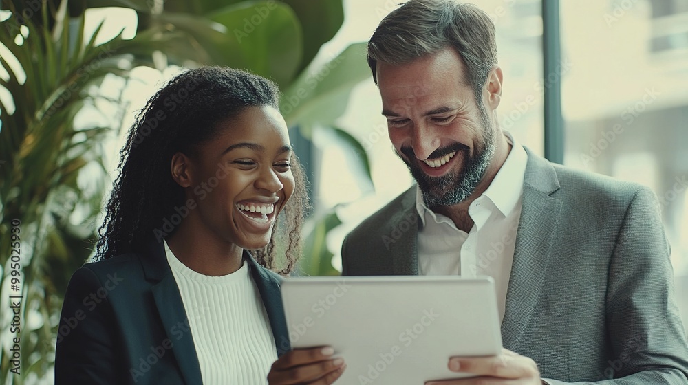 Poster A cheerful professional duo shares a moment while viewing a tablet, surrounded by greenery in a modern office setting.