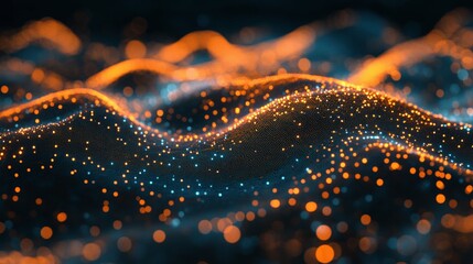 Obraz premium Abstract waves of light and color create a mesmerizing digital landscape, showcasing vibrant orange and blue particles.