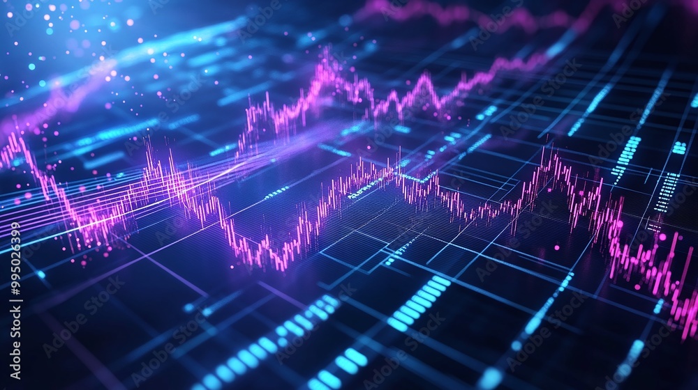 Poster beautiful digital wave patterns in vibrant colors representing data flow and analytics on a futurist