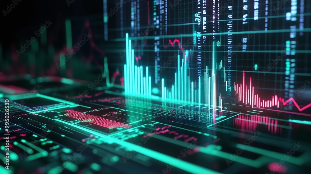 Poster close-up of digital data visualization with graphs and charts in vibrant colors, representing analys