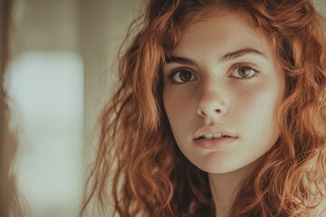Fototapeta premium person with voluminous curly hair styling it in front of a mirror,