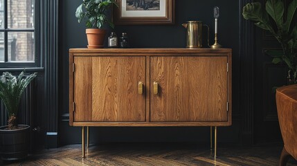 Wooden cabinet with plants and decor in a stylish interior.