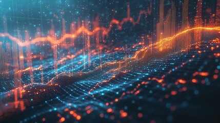 Colorful abstract data visualization with vibrant orange and blue lines illustrating dynamic analytics and digital growth.