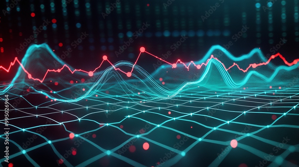 Poster colorful abstract digital data visualization with dynamic wave forms and glowing lines on a dark bac