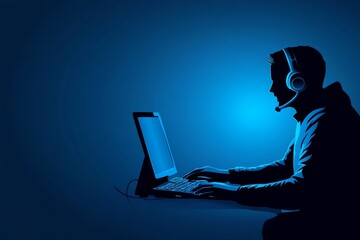 Silhouette of a man working on a laptop while wearing a headset in a glowing blue environment symbolizing remote work communication and digital interaction
