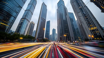 Fototapeta premium A busy intersection with blurred car lights creating light trails, framed by towering urban architecture