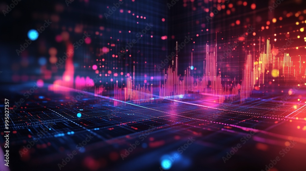 Poster colorful data visualization with vibrant patterns representing digital information and analytics.