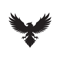 A powerful black silhouette of an eagle with its wings spread wide in full extension