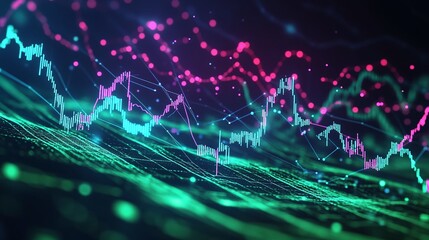 Colorful digital data visualization with abstract financial graphs on a dark background.